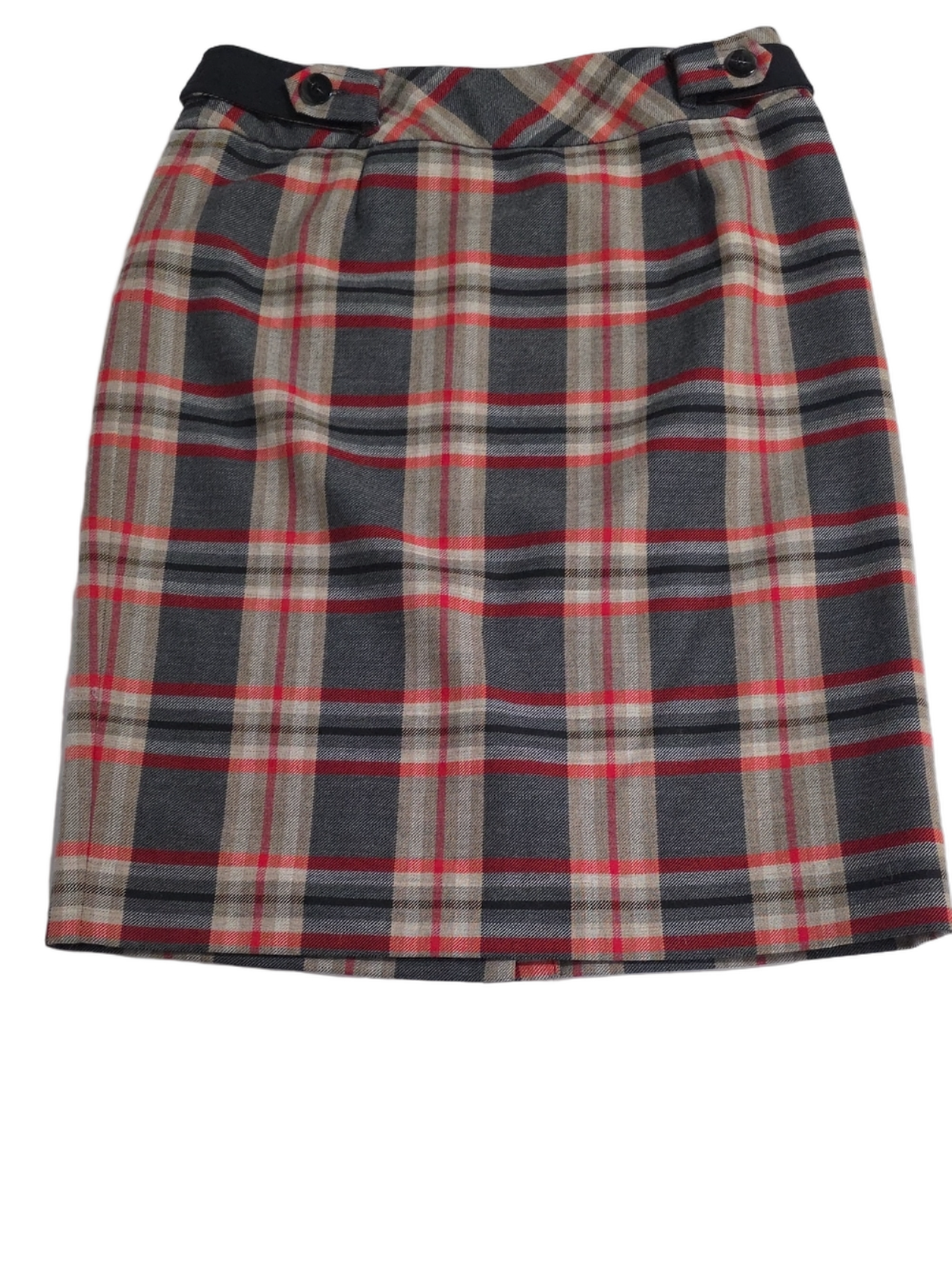 Vtg Pendleton 100% Virgin Wool Gray Red Tartan Plaid Skirt Button Waist Tab Sz 6